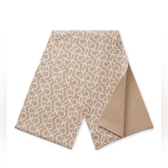 NWT Calvin Klein Logo Jacquard Scarf Reversible Heathered Almond Beige - Picture 2 of 10